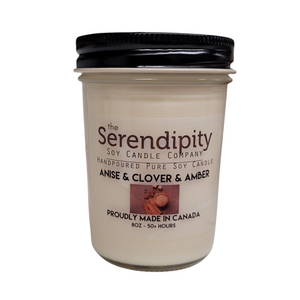 Serendipity Soy Candle Company jar with 'Anise, Clover and Amber' label on a white background