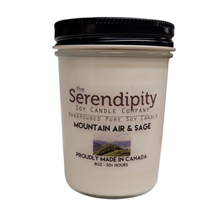 Serendipity Soy Candle Company jar with 'Mountain Air & Sage' label on a white background