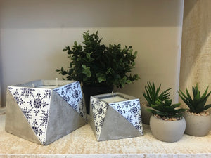 Decor - Blue & White Floral and Concrete Container
